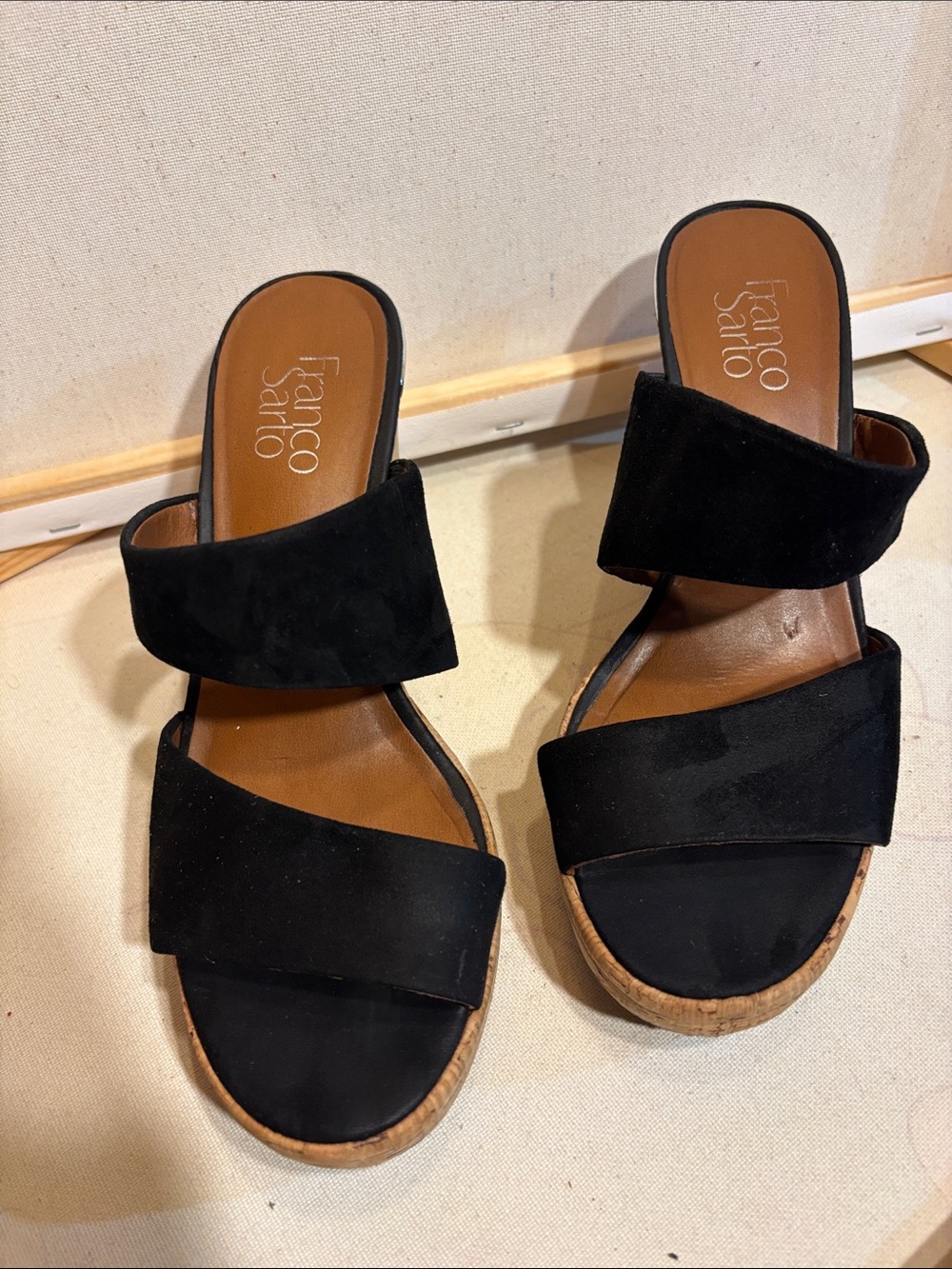 Franco Sarto Black Suede Cork Wedge Sandals